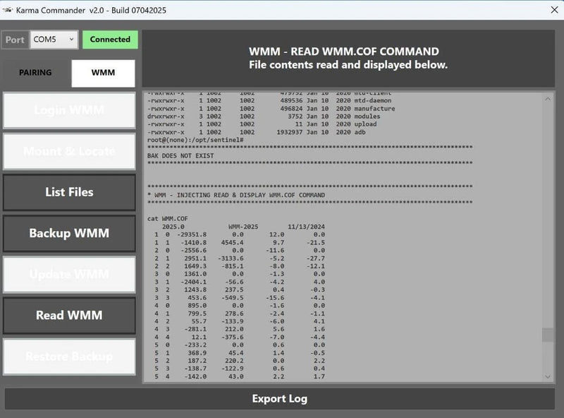 Drone command and firmware update software interface on a computer screen