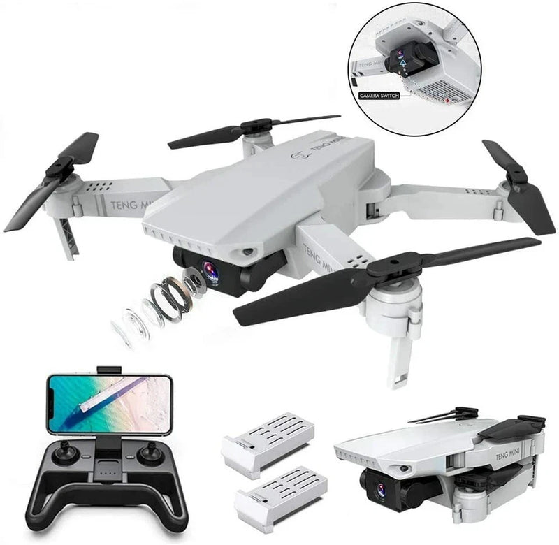 White quadcopter drone with camera, remote controller with screen and spare batteries