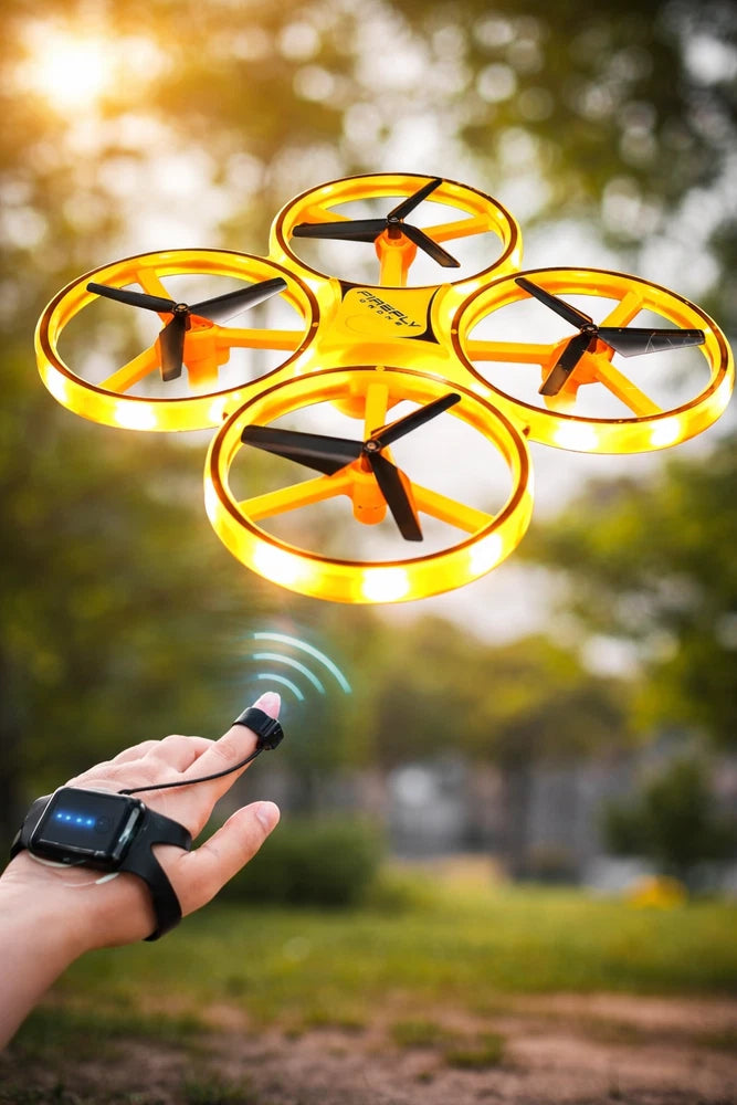 LED ring quadcopter drone with 4 propellers and smartwatch remote controller