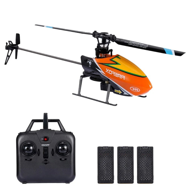 Orange RC helicopter with black remote control and three batteries