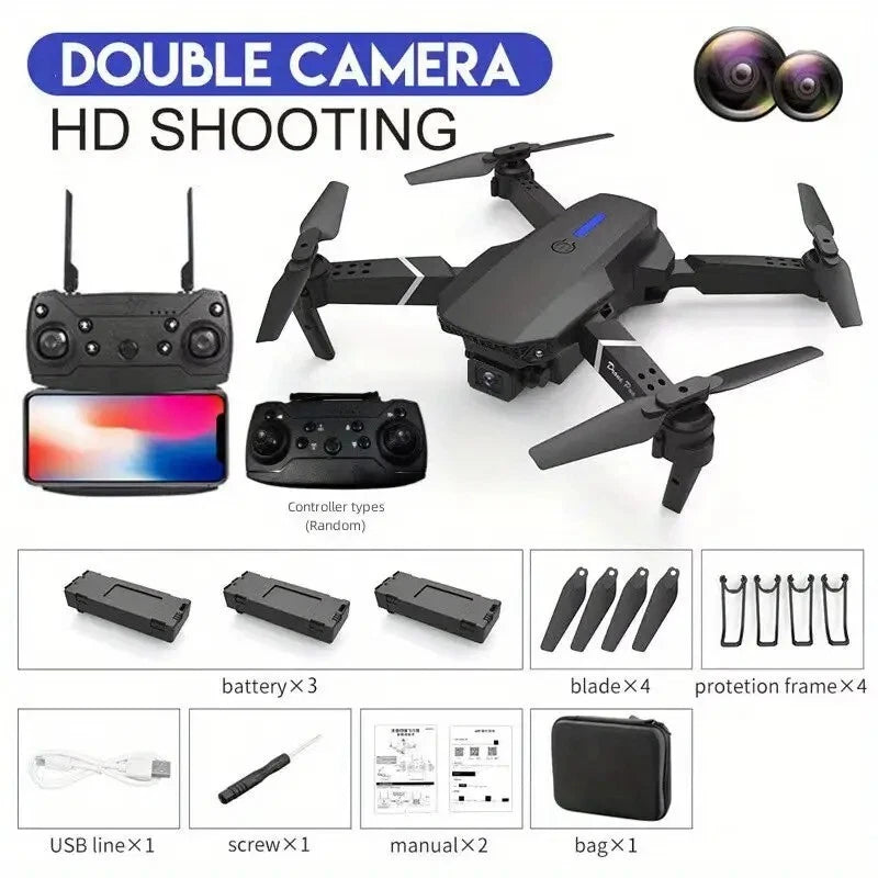 Foldable FPV drone with HD camera, black quadcopter with controller and spare batteries