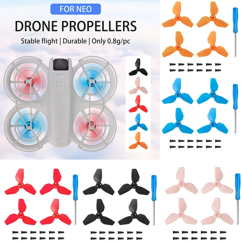Drone propeller blade set with multi-color blades and mounting screws