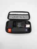 Black zippered action camera accessory case with mounted camera and orange grip piece