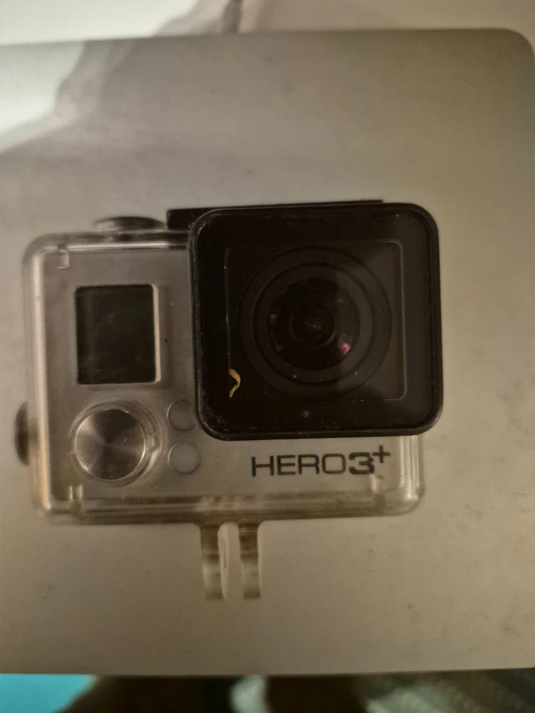 Black GoPro HERO3+ action cam in clear housing, front lens and HERO3+ label visible