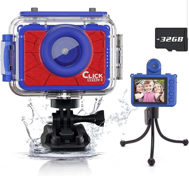 Kid Selfie Waterproof 100 Ft Camera With Accessories 32gb Card 1080p 12mp Blue