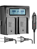 Dual-channel dual LCD battery charger with two battery bays and power plug, gray/black
