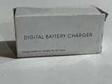 Sakar digital battery charger retail box, printed charging instructions on cardboard.