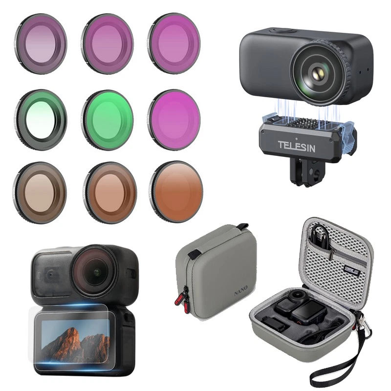 Gray camera filter storage case with strap, open compartments and colored lens filters