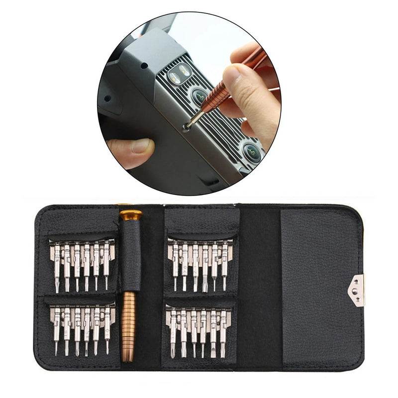 Screwdriver bit set in a black fabric case with multiple precision bits