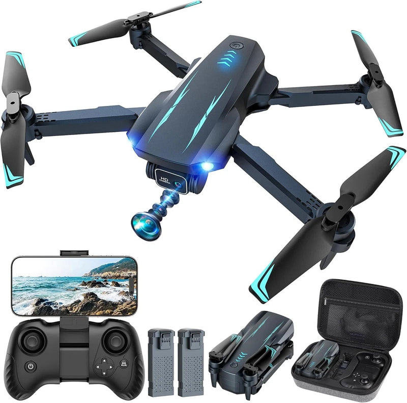 Black quadcopter drone with FPV camera, blue accents, foldable arms and remote controller