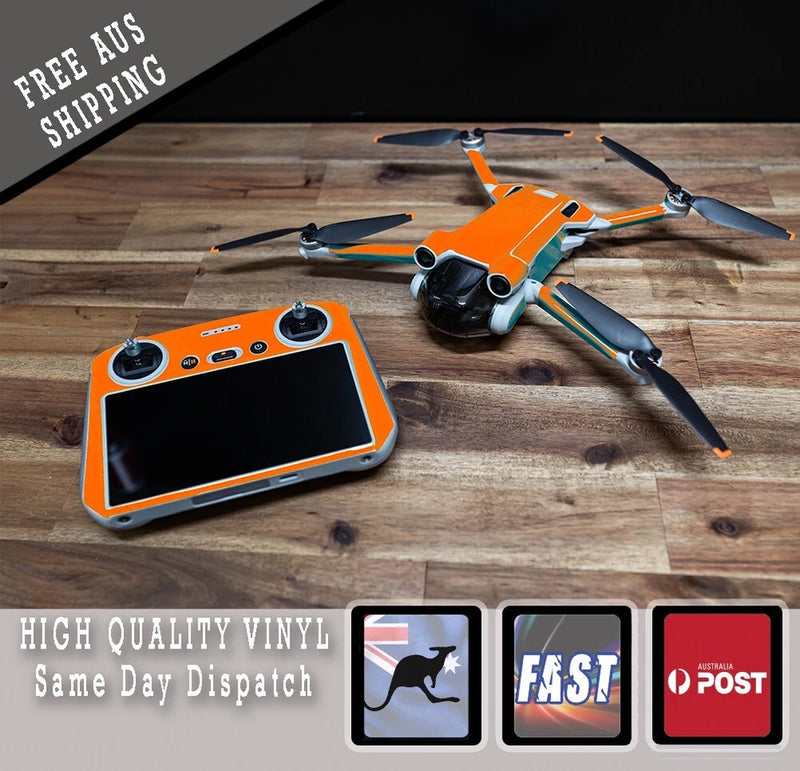 Orange drone skin wrap sticker set for controller and drone, featuring orange and black decals