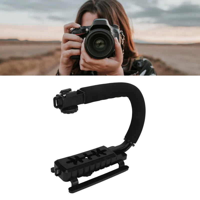 U-shaped camcorder stabilizing handle with black hand grip and mount