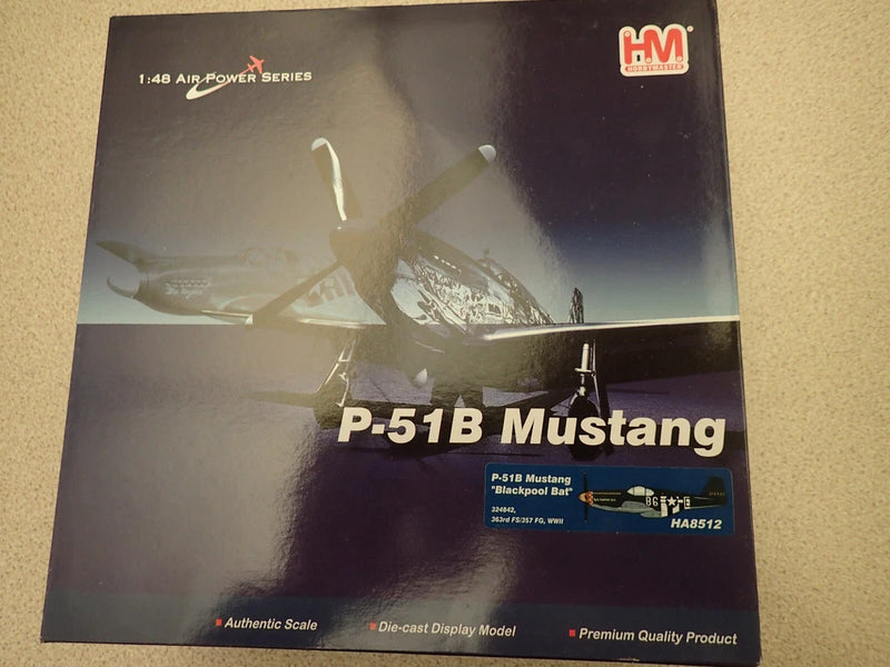 Hobbymaster HA8512 1:48 P-51B Mustang model kit box, black with blue label