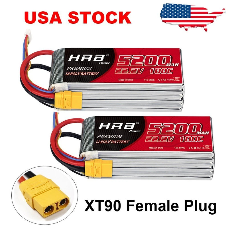 2pcs HRB 5200mAh XT90 6S LiPo Battery 22.2V 100C for RC Airplane Drone Car FPV Battery