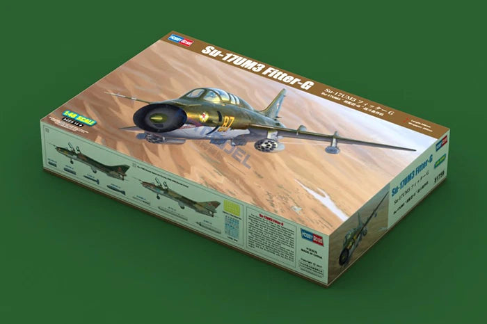 Hobbyboss Su-17UM3 Fitter-G 1/48 model kit box with plane artwork, tan and green
