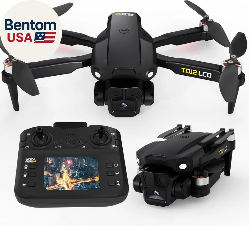 Black quadcopter drone with camera and LCD remote control