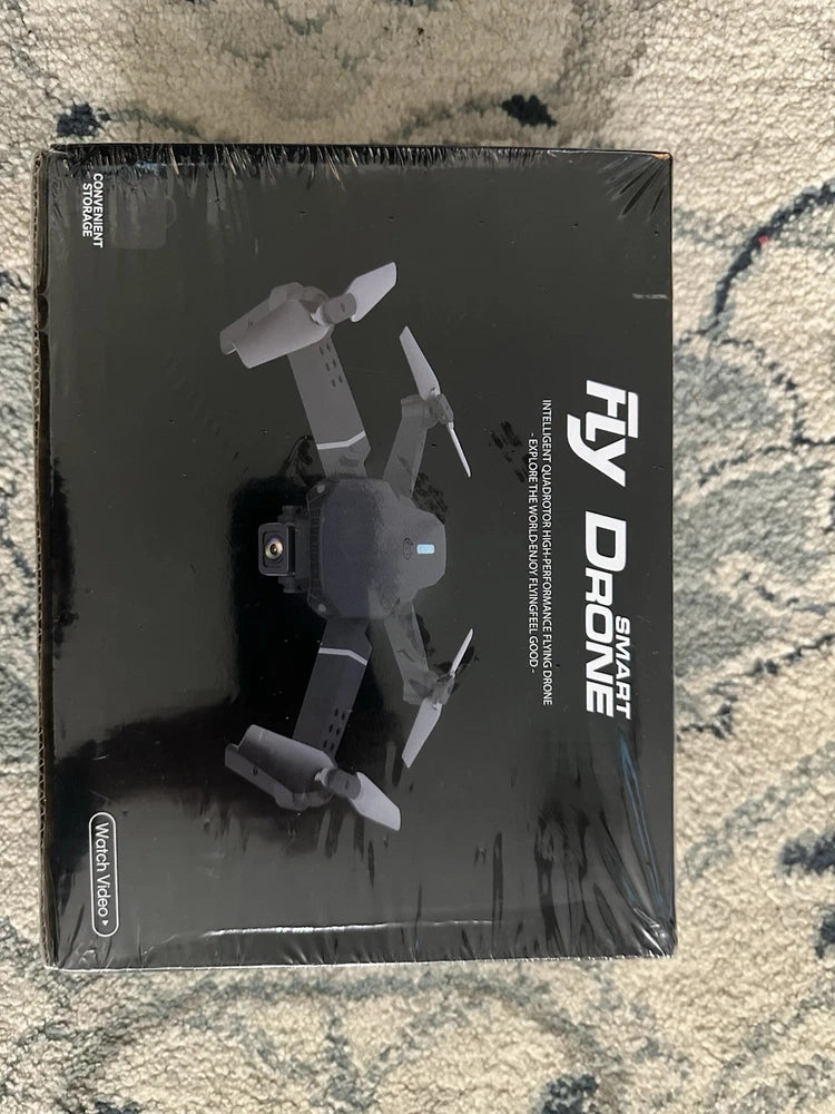 Fly Drone retail box with quadcopter camera graphic and branding