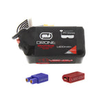Black drone LiPo battery pack with Graphene label and UNI 2.0 plugs, blue and red
