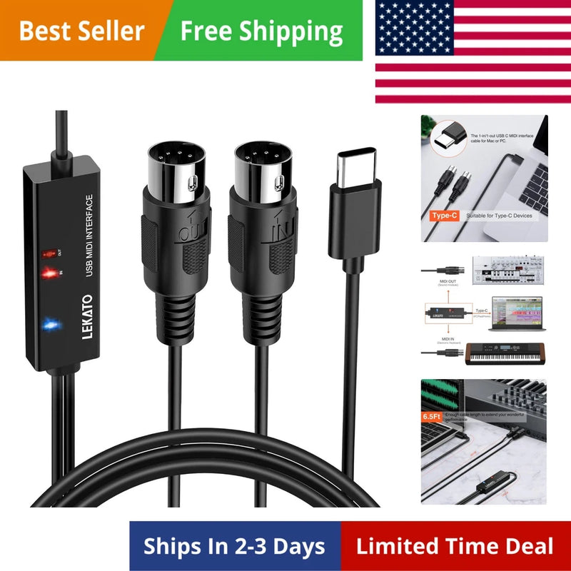 MIDI Cable, MIDI to USB C, Type-C MIDI Interface with Input & Output Connecti...