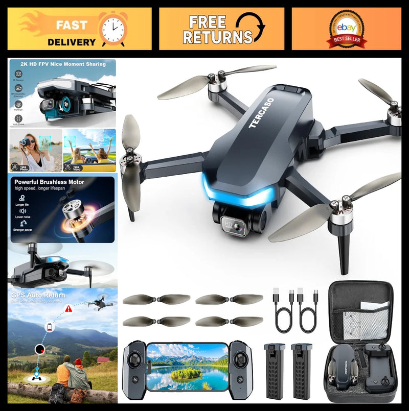 Foldable quadcopter drone with front camera, four propellers, and accessories kit