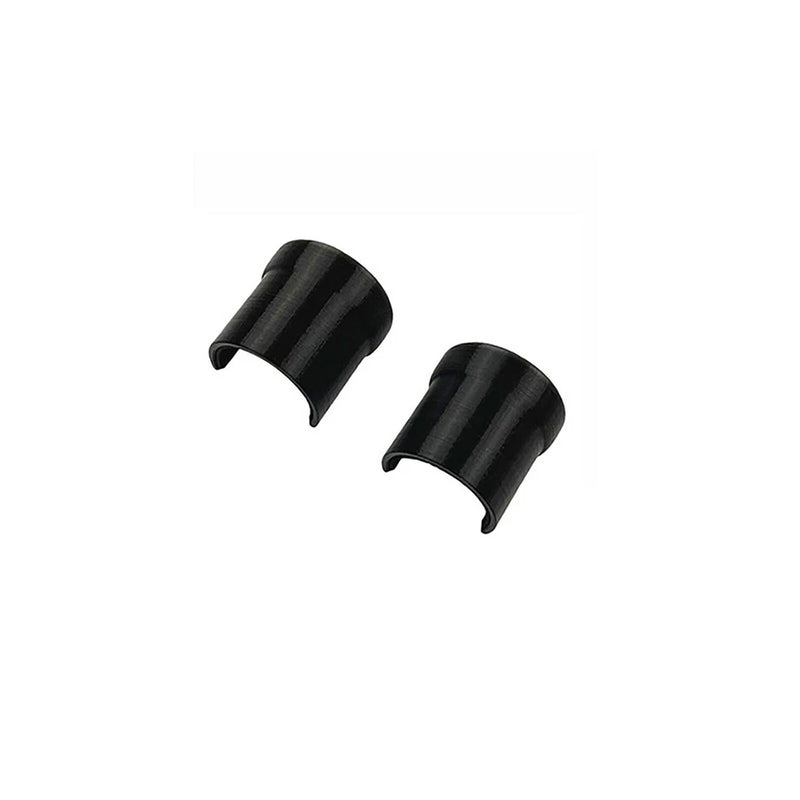 Pair of black cylindrical rear motor protective dust covers with curved open ends