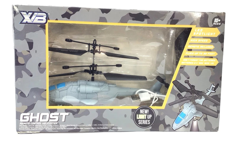 Remote-controlled ghost helicopter toy in retail box, gray and blue helicopter with rotors