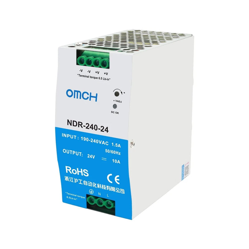 DIN Rail Power Supply 240W, OMCH NDR-240-24 24V 10A, AC Input 190-240VAC, Ind...