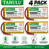 4-pack lithium polymer battery set with TAHULU 10000mAh pouches, red/black leads.