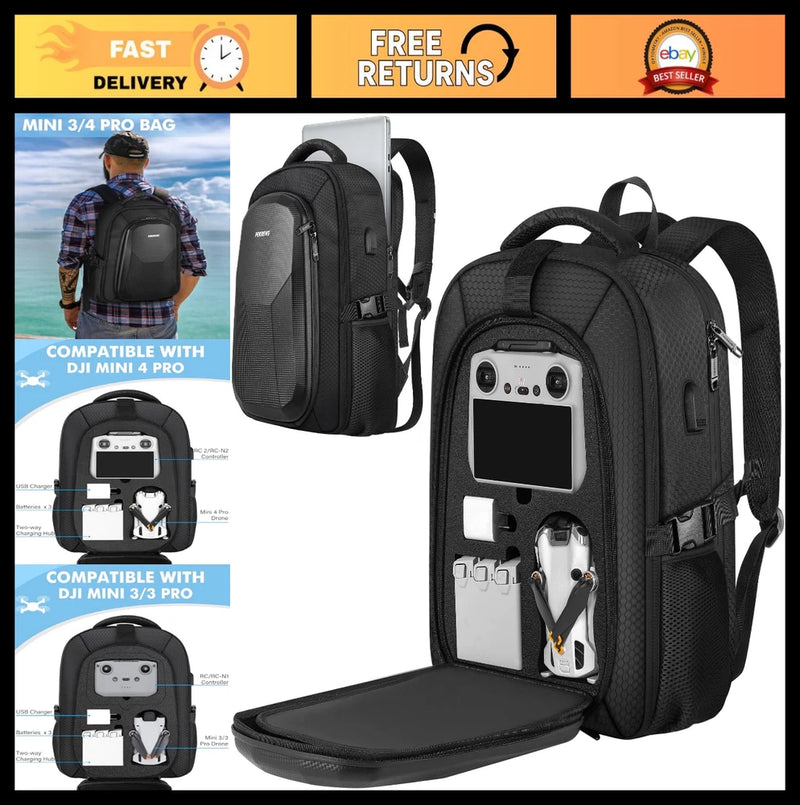 Waterproof hard carrying case backpack with zip pockets and shoulder straps, black.