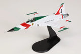 F-5E Tiger II model aircraft, white with red and green markings on black stand