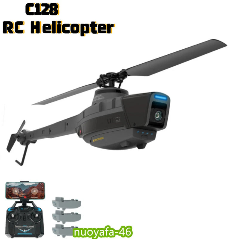 RC helicopter drone with built-in camera, dark gray body and four blades.