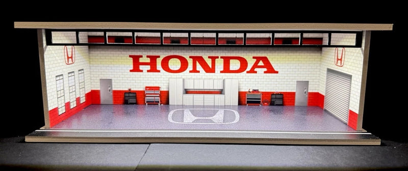 Mini Honda-themed Hot Wheels 1:64 garage diorama with LED lighting and interior cars