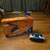 RC coaxial micro helicopter kit box with blue-and-black remote controller