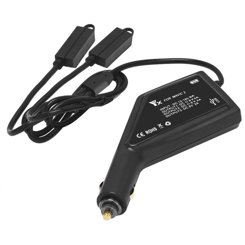 Car charger battery charging hub with dual cables, black, compact connector