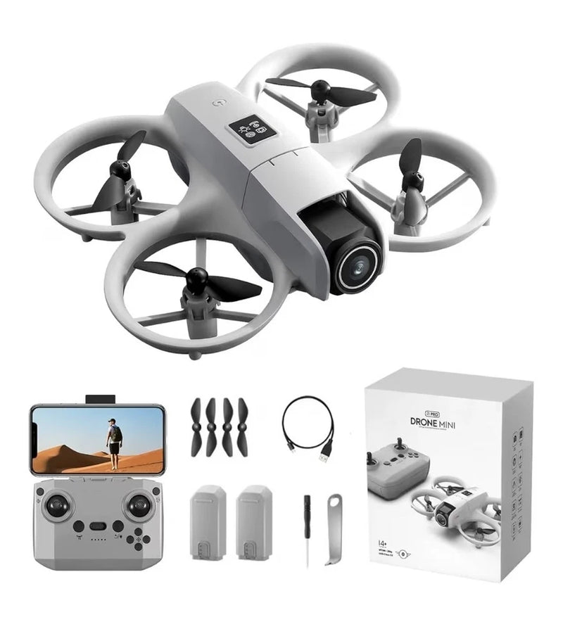 White quadcopter drone with built-in HD camera and four propellers