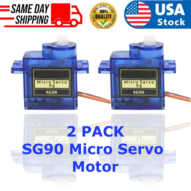 2-pack SG90 micro servo motors, blue body with white gear tops and orange leads