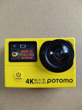 Yellow used action camera with LCD screen and large front lens