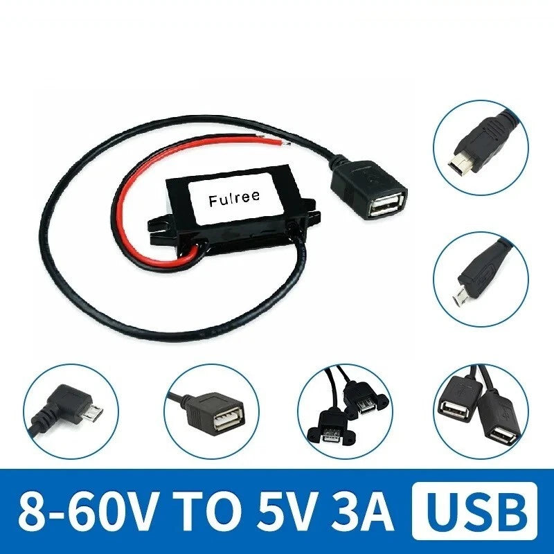 DC to USB 5V buck converter module with wiring harness and USB output cable set