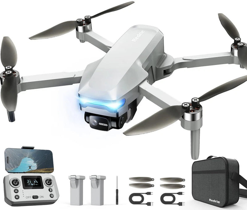 Light grey foldable quadcopter drone with front camera and four propellers