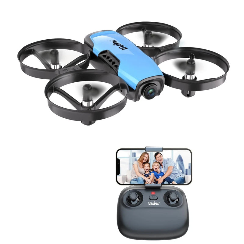 Blue mini quadcopter drone with four propellers and handheld remote with phone screen