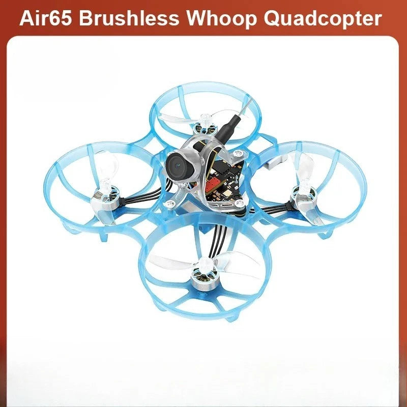 Brushless whoop quadcopter drone with blue prop guards and central camera module