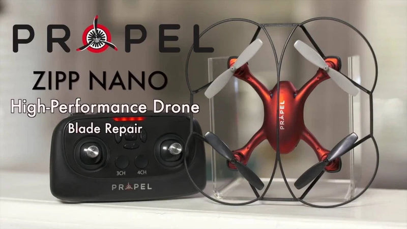 Compact red-and-gray quadcopter drone with propellers and handheld controller