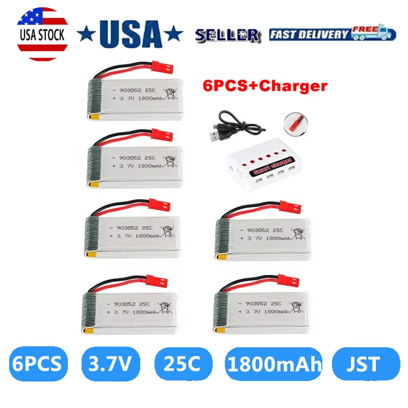 6pcs 3.7V 1800mah Lipo Battery 25C JST with USB Charger for RC Quadcopter Drone Battery