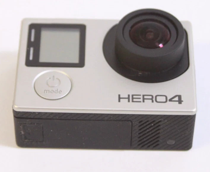 GoPro HERO4 action camera with front lens, LCD screen, and mode button