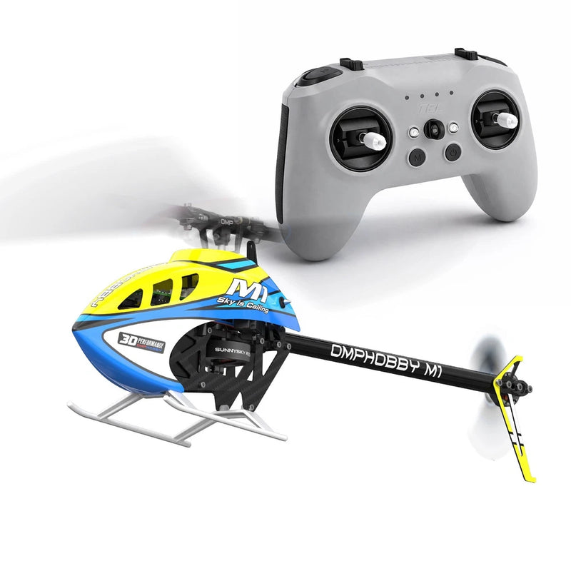 3D RC helicopter with yellow-blue body and gray remote controller, ready-to-fly set