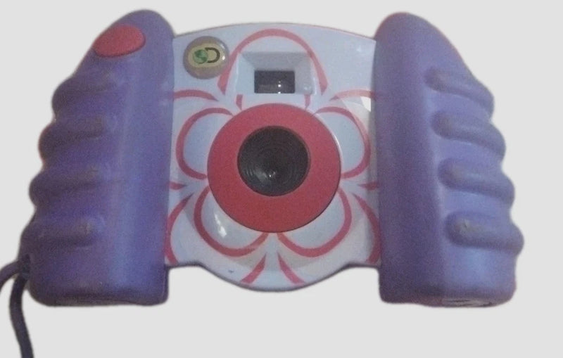 Kids digital camera with pink body, purple grip handles, large lens and LCD screen