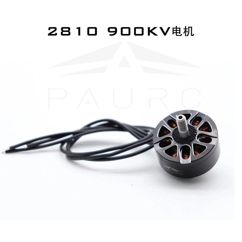 Brushless FPV drone motor with wire leads, round housing, and orange stator slots