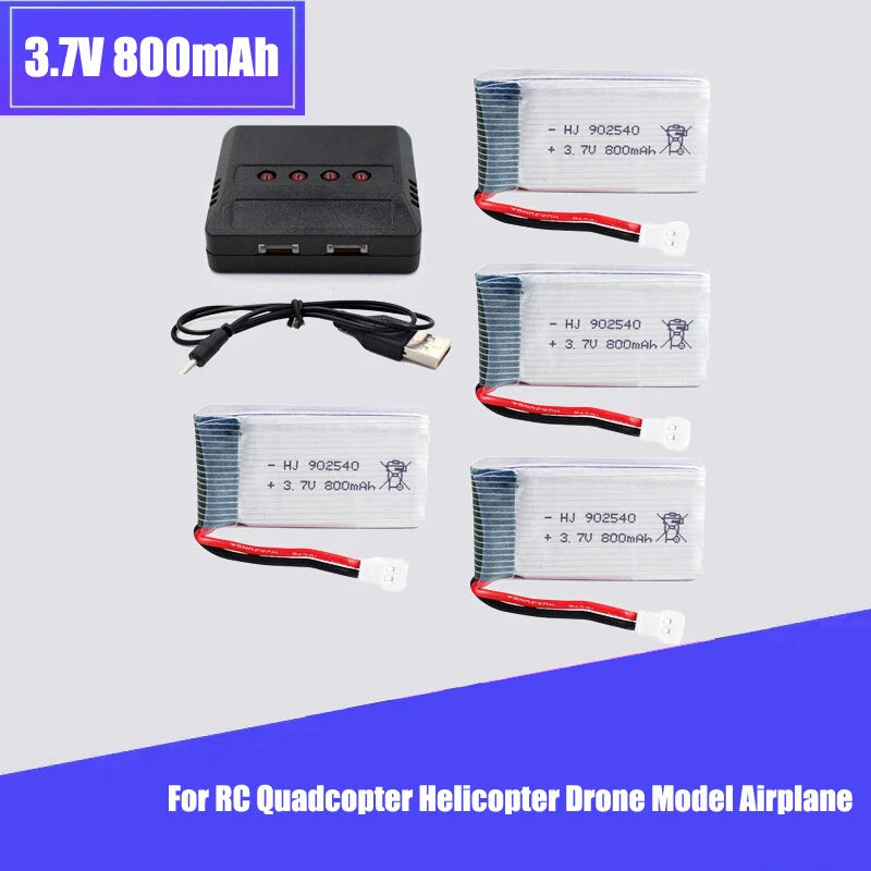 Set of four 3.7V Li-Po batteries with black USB charger and white connector leads