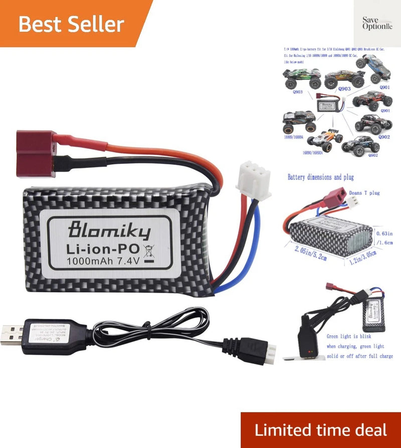 1 Pack 7.4V 1000mAh 30C 7.4Wh Lipo Battery T Plug and Charge Cable for HBX 16... Battery