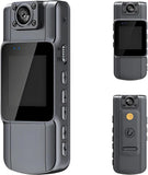 Grey portable action camera with front lens, rear screen, and buttons
